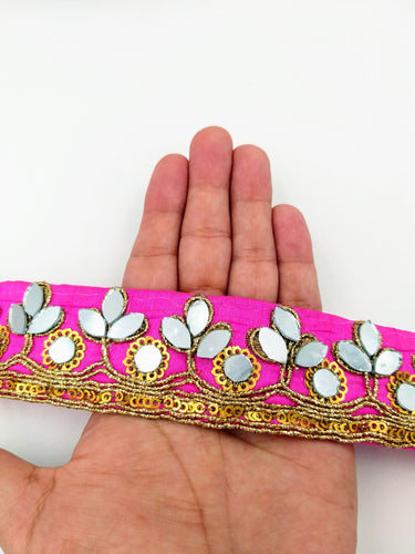 Fuchsia Pink Silk Trim With Mirrors Embellishments and Gold Embroidery, Approx. 34mm Wide, Decorative Trim Costume Trim Fashion Trim By Yard